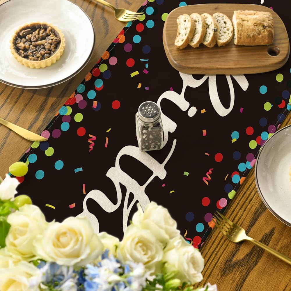 Artoid Mode Polka Dot Beige Happy Birthday Table Runner, Seasonal Kitchen Dining Table Decoration for Home Party Decor 13x72 Inch