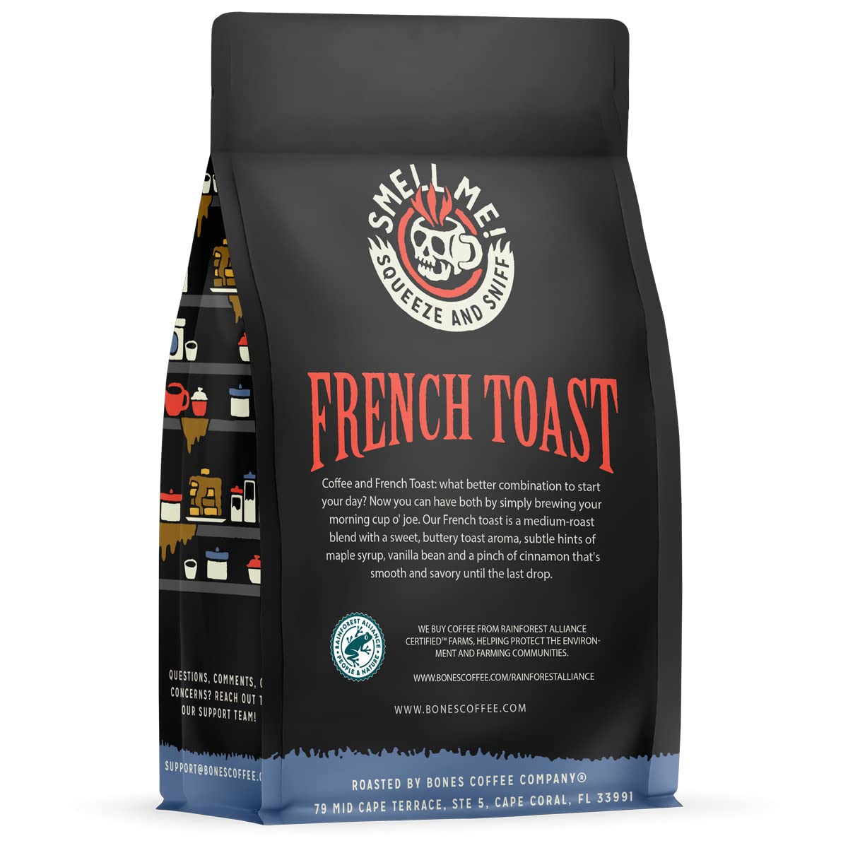 Bones Coffee Company Cinnamon Roll Flavored Coffee, Medium Roast Low Acid Arabica Beans Compatible with Auto drip and French Press Coffee Maker, 12 Oz Ground