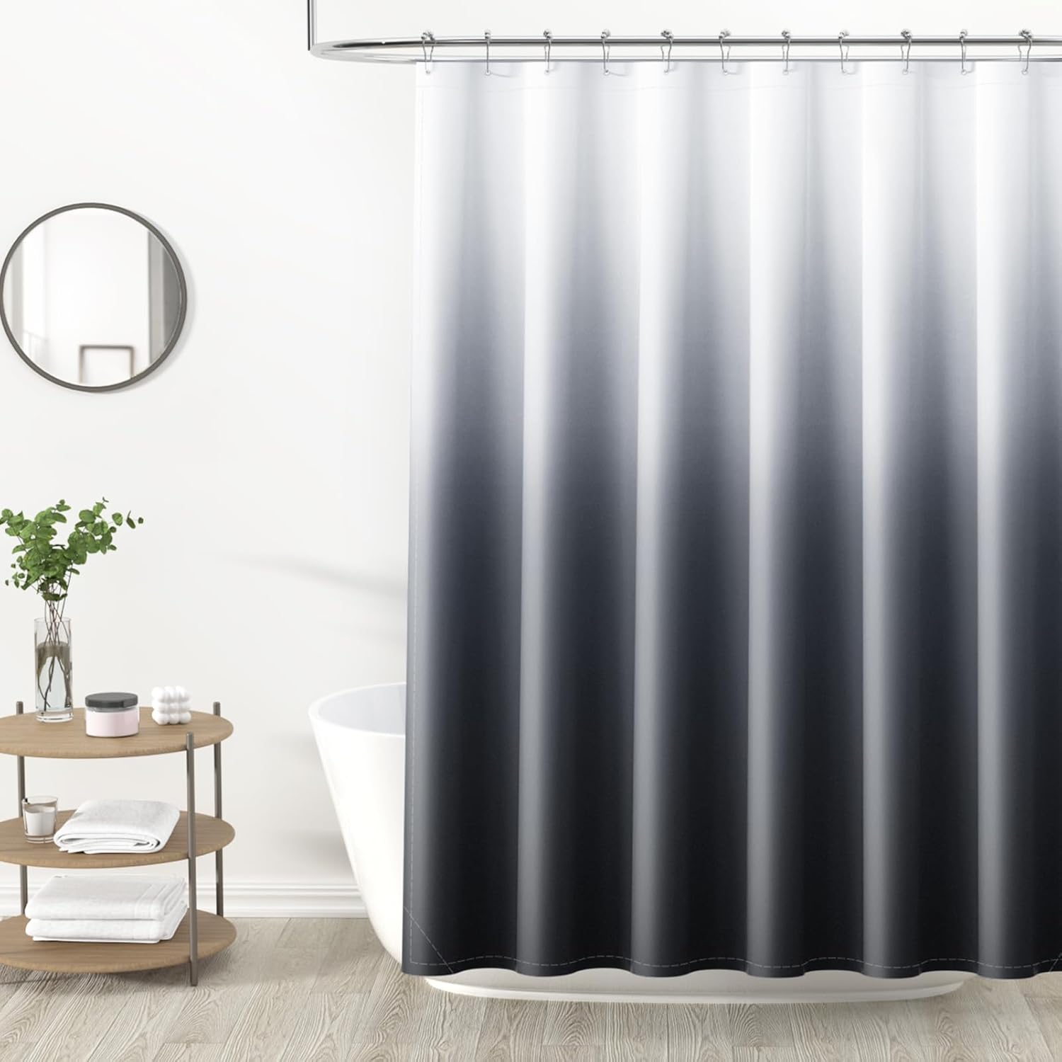 OLANLY Luxury Black and Grey Ombre Shower Curtain Sets with 12 Hooks, Waterproof and Washable Decorative Shower Curtains for Bathroom, 72x72 Inches