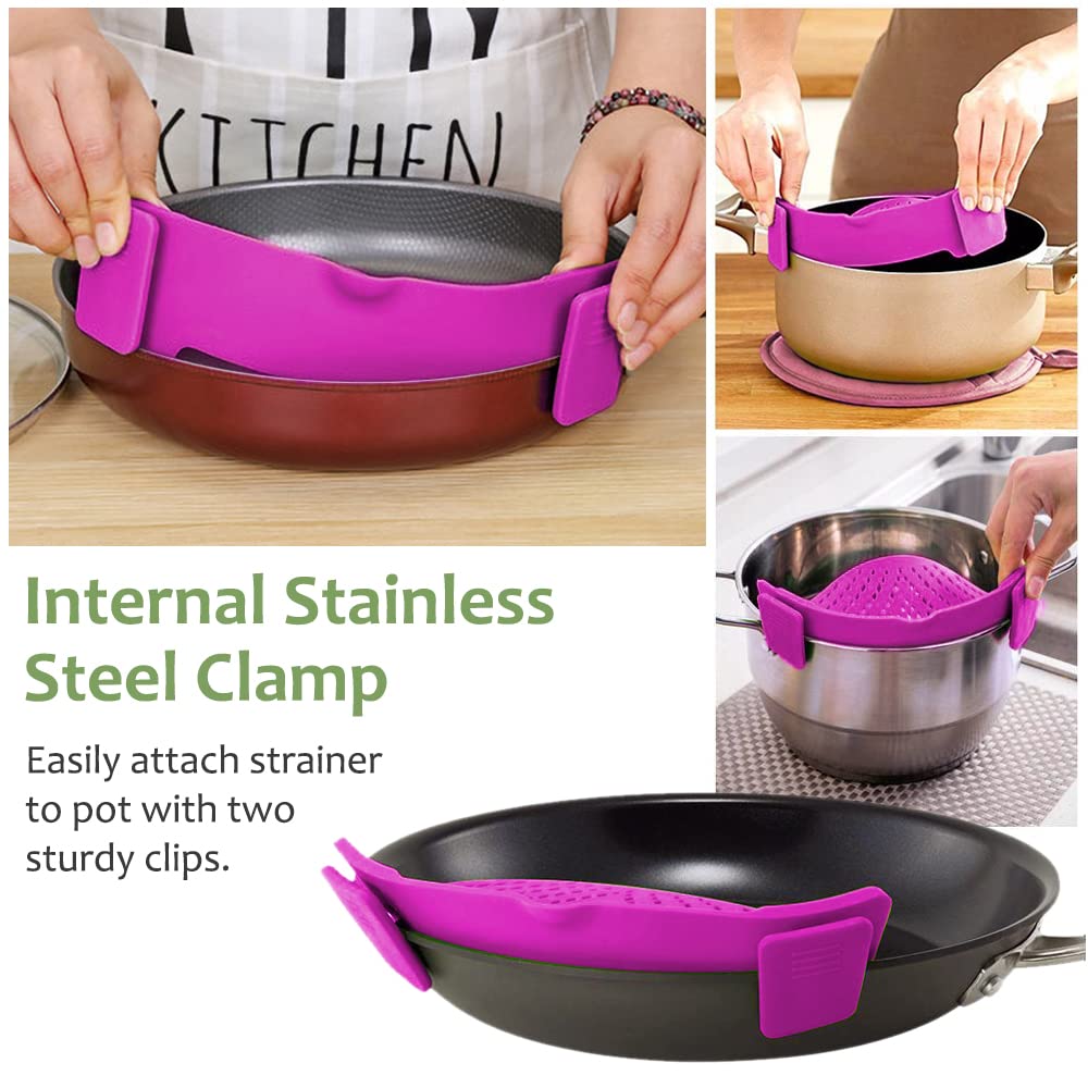 YEVIOR Clip on Strainer for Pots Pan Pasta,Silicone Food Pan Strainer | Food-grade BPA-free,Kitchen Food Strainer for Spaghetti, Pasta,Vegetable Fruits Fits All Bowls and Pots (Green)