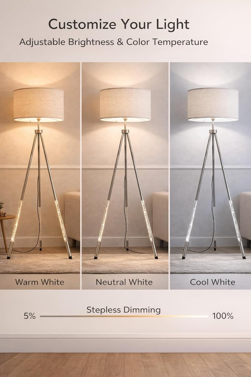 JOOFO Modern Metal Tripod Floor Lamp with Remote, Dimmable Tall Standing Corner Lamp with Oversized Linen Shade & Foot Switch for Living Room, Bedroom
