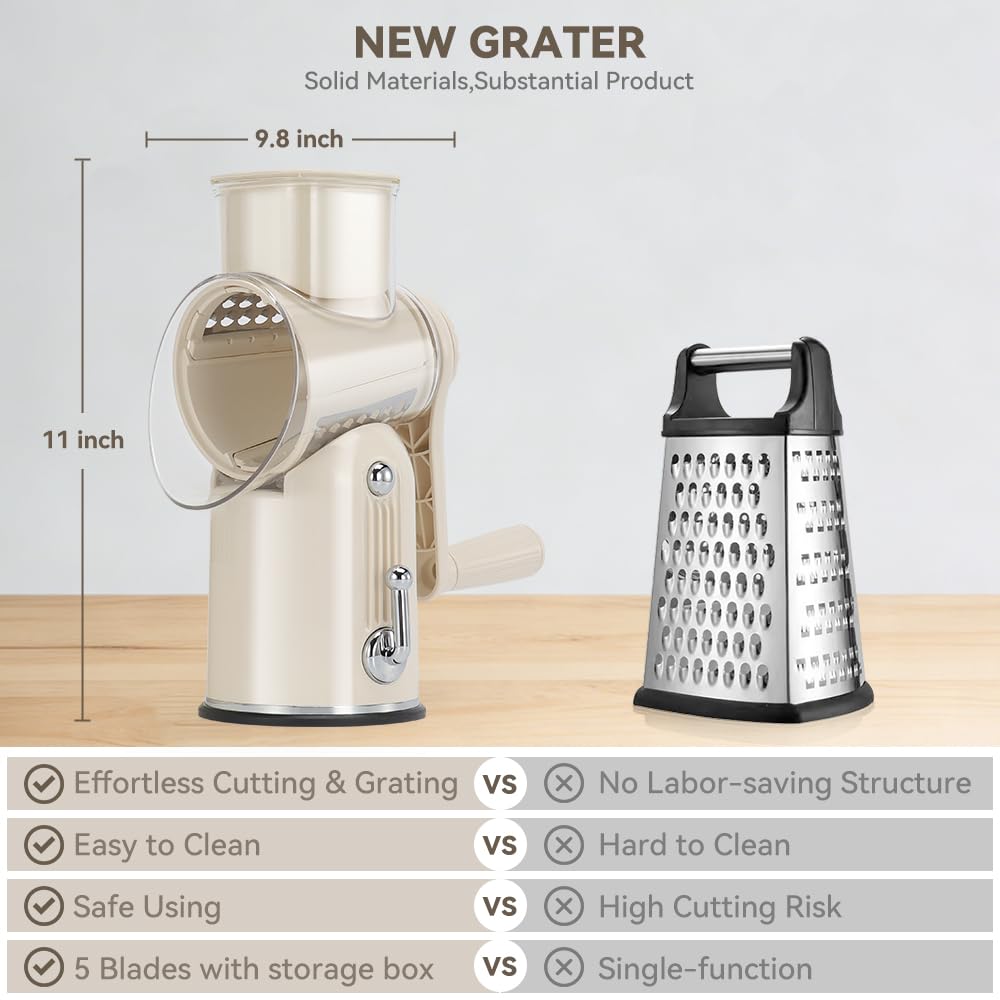 KEOUKE Rotary Cheese Grater 5 in 1 White - Hand Crank Vegetable Cutter, Shredder, Slicer, Enlarge Input, Suction Base, Labor-Saving Handle, Blade Storage Box, for Onion, Potato, Vegetable, Nuts, etc