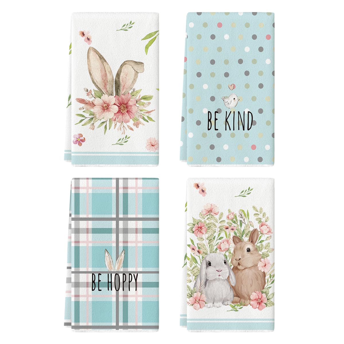 Artoid Mode Pink Bunny Rabbit Ears Floral Leaves Easter Kitchen Towels Dish Towels, 18x26 Inch Be Kind Seasonal Decoration Hand Towels Set of 4