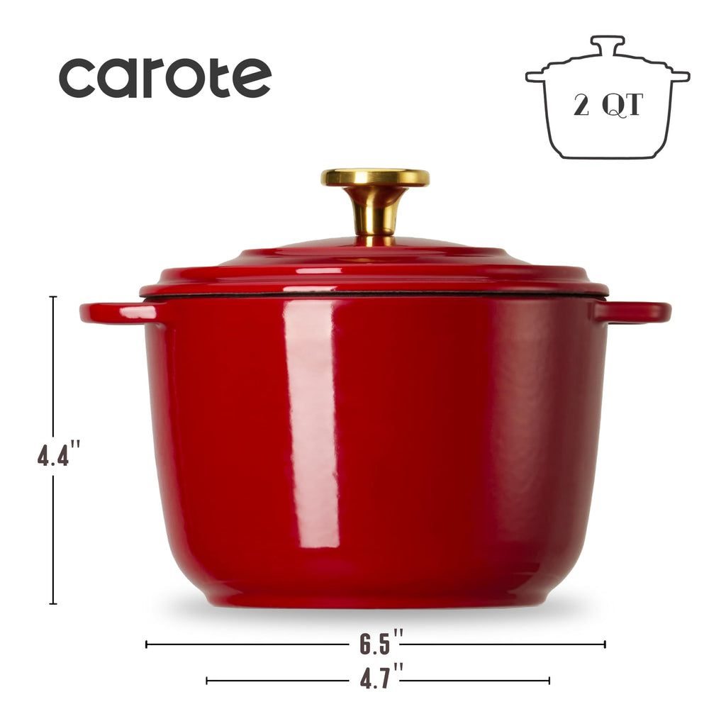 CAROTE 2QT Enameled Cast Iron Dutch Oven Pot with Lid, Mini Round Dutch Oven for Small Sourdough Bread, Stews, Soups, Sauces, Beans, Rice, Serves 1-2, Dual Handles, Healthy & Non-Toxic, All Stovetop Compatible, Oven Safe up to 500° F, White