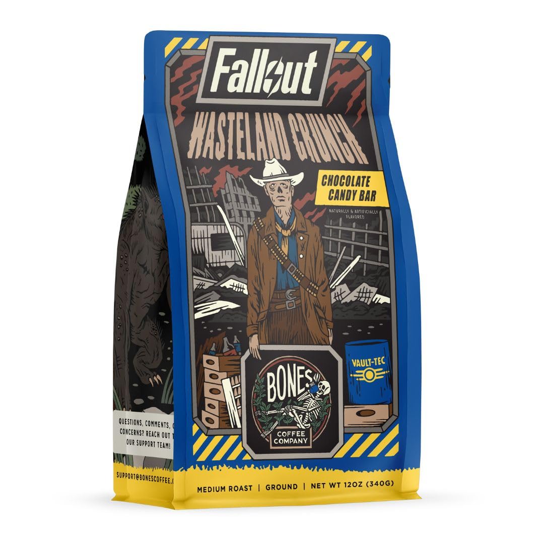 Bones Coffee Company Fallout Rocky Route 66, Rocky Road Flavored Coffee, Medium Roast Low Acid Arabica Beans Compatible with Auto drip and French Press Coffee Maker, 12 Oz Ground