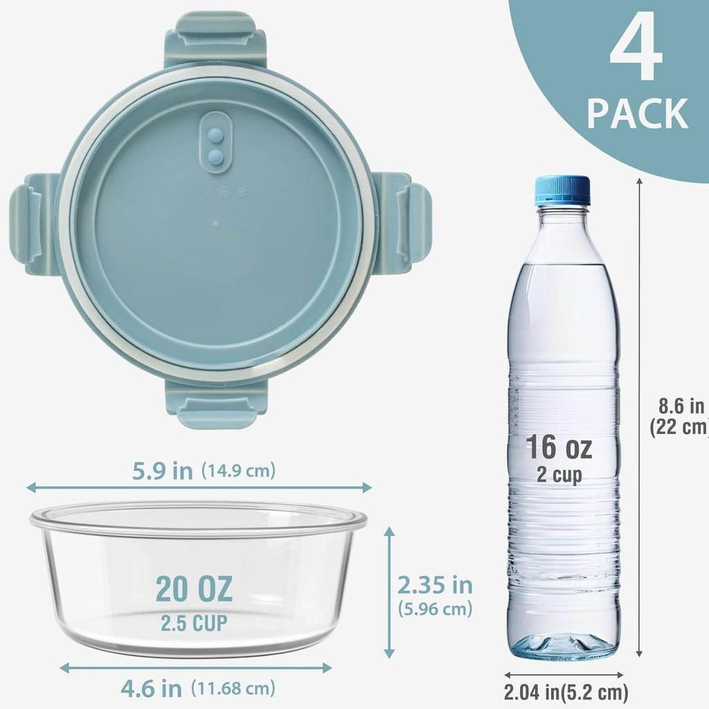Freshmage 4 Pack 30oz Glass Food Storage Containers with Lids and 4 Pack 20oz Glass Meal Prep Containers with Lids, Heat-Resistant BPA-Free, Microwave, Oven, Dishwasher, and Freezer Safe