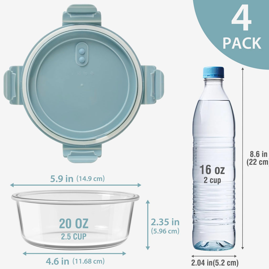 16oz Glass Meal Prep Containers, Airtight 2 Cup Glass Storage Containers with Lids, Heat-Resistant BPA-Free Borosilicate Glass Soup Container for Leftover, Microwave, Dishwasher&Freezer Safe (4 Packs)