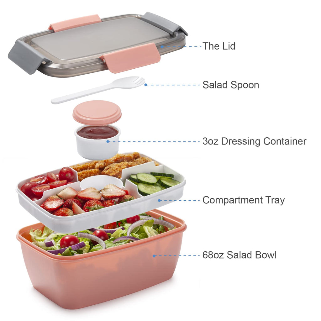 Freshmage Salad Lunch Container To Go, 52-oz Salad Bowls with 3 Compartments, Salad Dressings Container for Salad Toppings, Snacks, Men, Women (Blue)