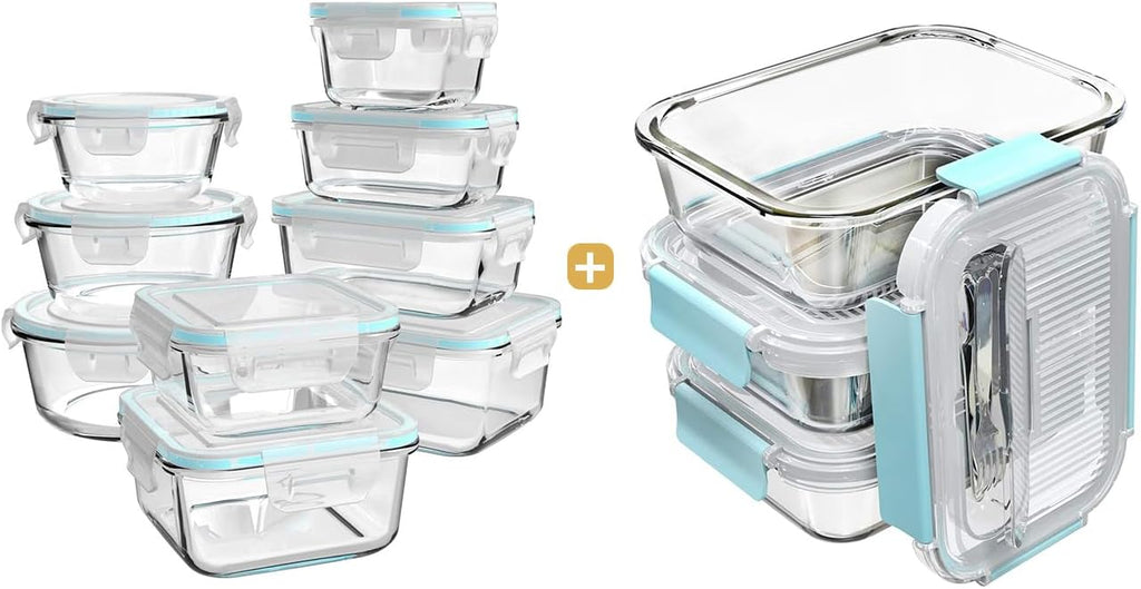 [18 Piece Glass Food Storage Containers with Lids & [3-Pack,36 OZ] Large Glass Food Storage Containers with Locking Lids