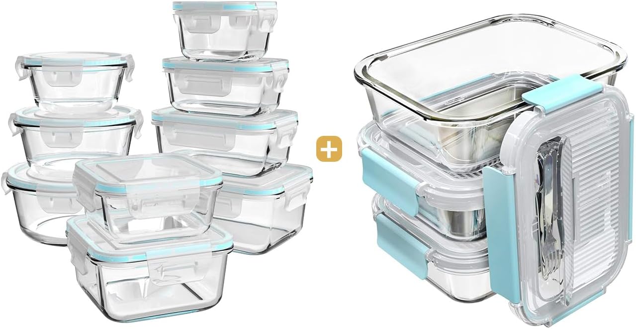 [18 Piece Glass Food Storage Containers with Lids & [3-Pack,36 OZ] Large Glass Food Storage Containers with Locking Lids