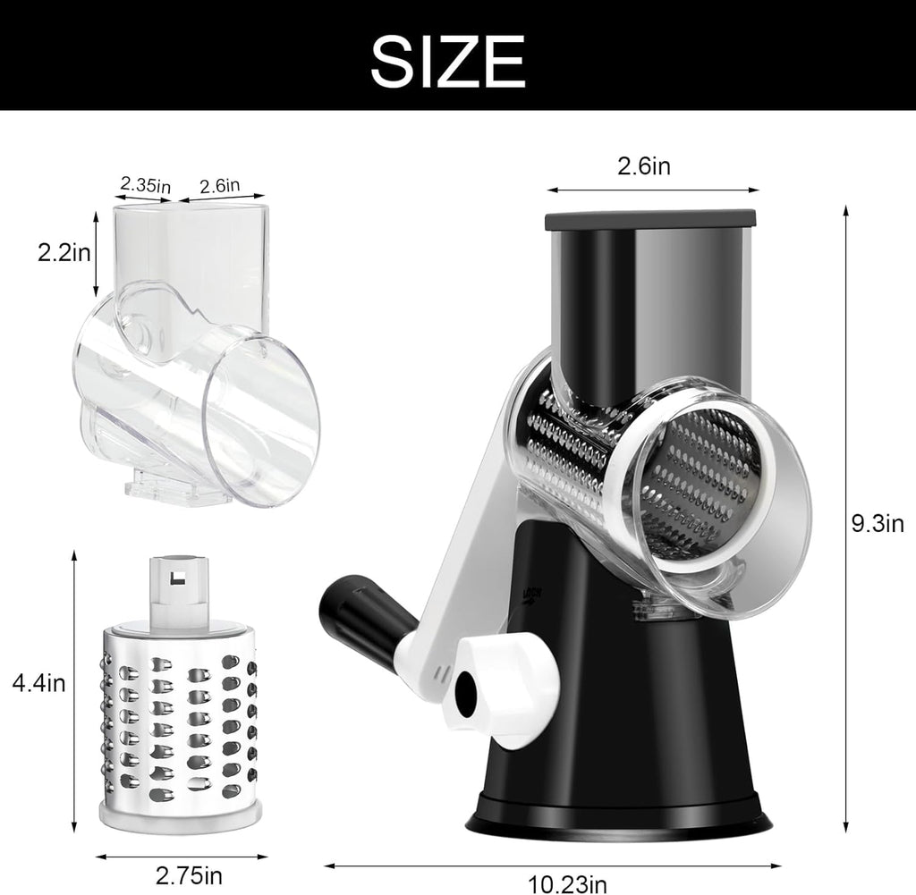 Cambom 5 in 1 Rotary Cheese Grater Hand Crank Cheese Shredder for Fresh Cheese, Vegetable, Nuts,Non-slip Suction Base, Black