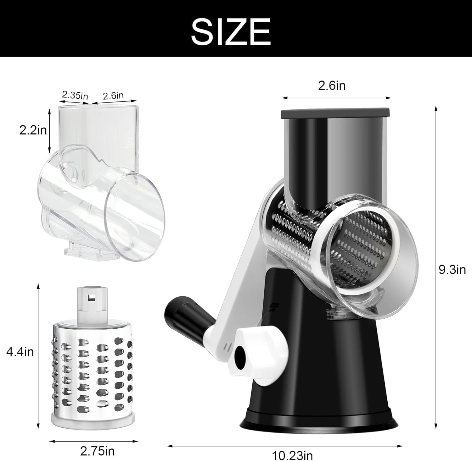 Cambom 5 in 1 Rotary Cheese Grater Hand Crank Cheese Shredder for Fresh Cheese, Vegetable, Nuts,Non-slip Suction Base, Black