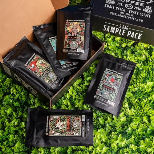 Bones Coffee Company NEW Favorite Flavors Sample Pack, Assorted Flavored Coffee Low Acid Medium Roast Arabica Beans Specialty Coffee Gifts, Auto Drip and French Press Compatible, 4 oz Pack of 5 Ground