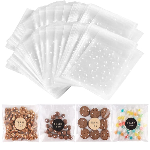 100PACK Self Sealing Cellophane Bags Clear Cookie Treat Bags Thank You for Gift Giving Candy with Stickers(White Polka Dot, 4x4 INCH)