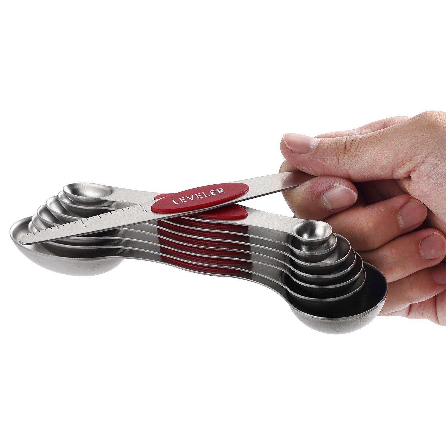 Spring Chef Magnetic Measuring Cups & Spoons Set, Patented, Strong N45 Magnets, Heavy Duty Stainless Steel Fits in Spice Jars for Baking & Cooking, BPA Free, Round Set of 15 with Leveler, Black