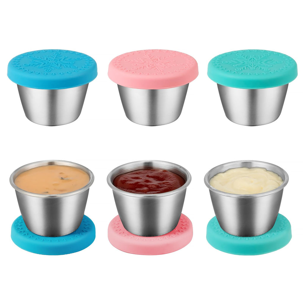 Freshmage [6 Pack 2.4oz] Stainless Steel Dressing Container with Silicone Lids, Reusable Leakproof Condiment Containers Small Sauce Container Sets