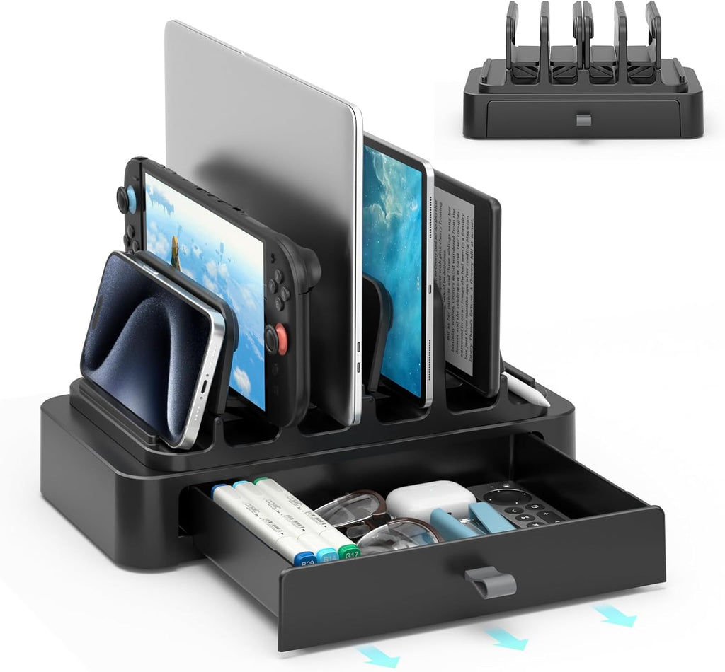 KDD Vertical Laptop Stand with Drawer - 7-in-1 Space-Saving Laptop Holder with Gravity Locking Fits MacBook, Dell, HP, Chromebook, Surface Pro, Tablet, Cell Phone, Switch, Keyboard Desktop Organizer