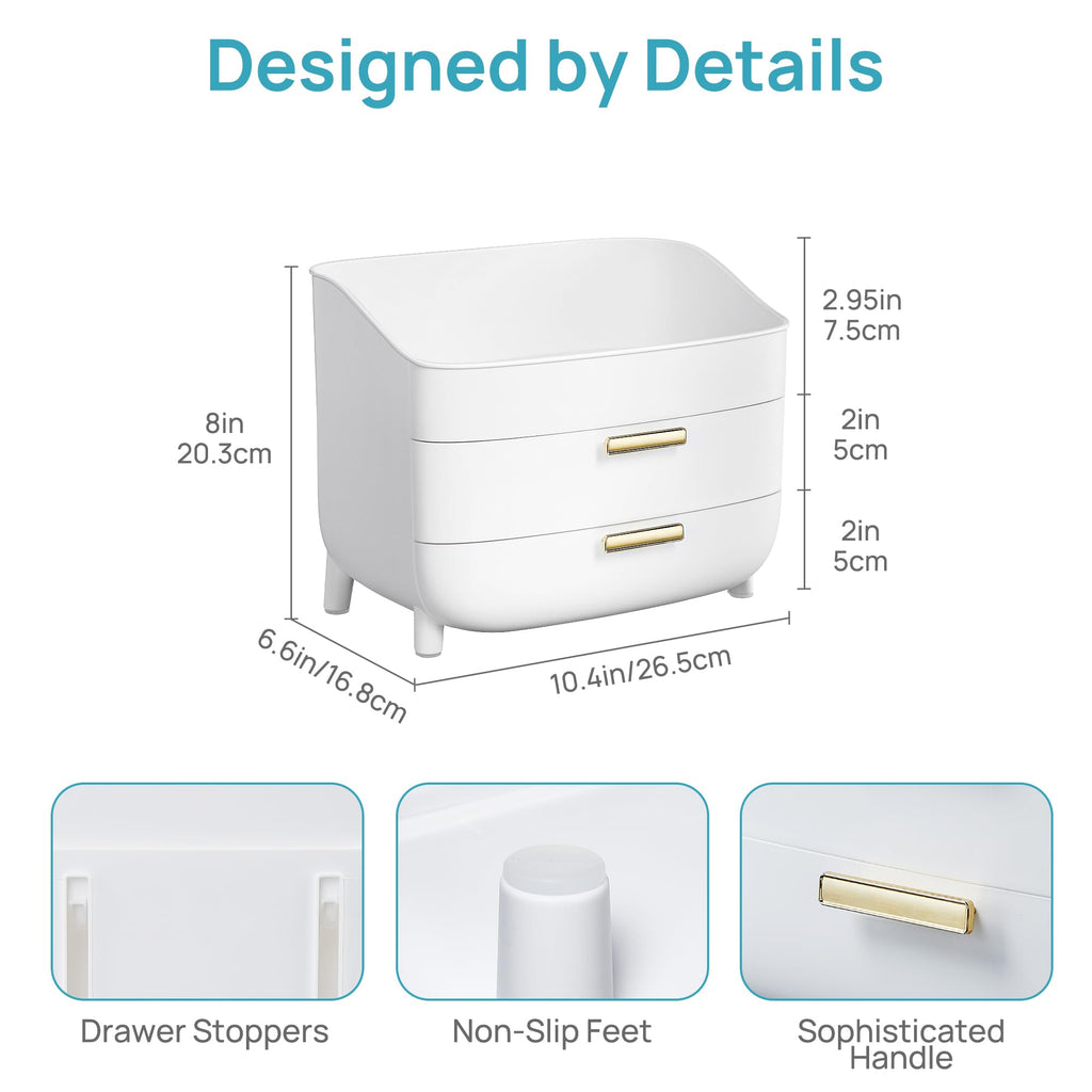 Vtopmart 3-Tier Skincare Makeup Organizer with Drawers for Vanity and Bathroom Countertop, Large Cosmetic Storage Box Case for Dresser, with Non-Slip Base