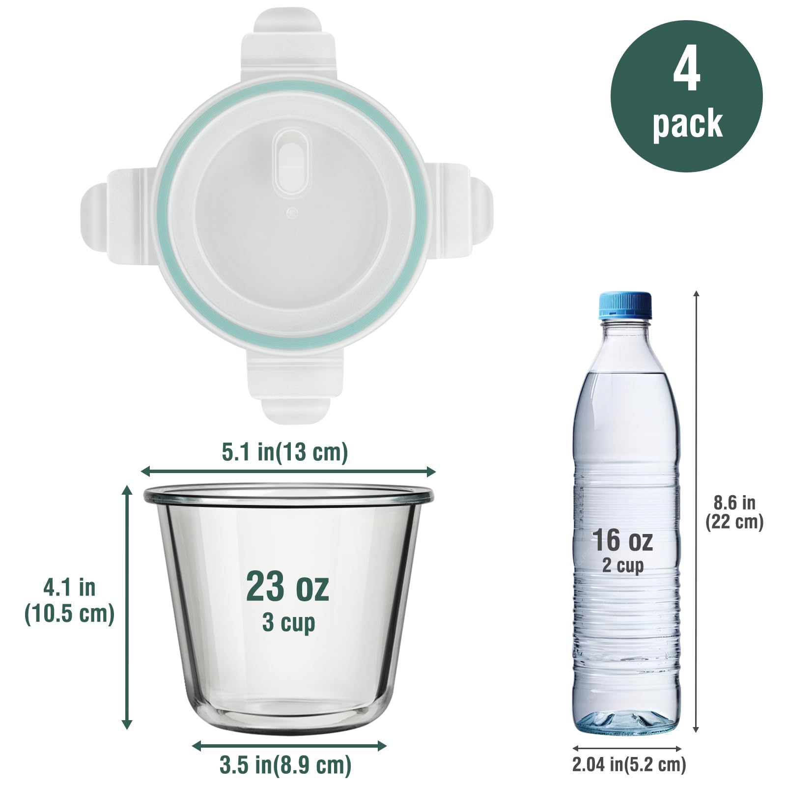 16oz Glass Meal Prep Containers, Airtight 2 Cup Glass Storage Containers with Lids, Heat-Resistant BPA-Free Borosilicate Glass Soup Container for Leftover, Microwave, Dishwasher&Freezer Safe (4 Packs)