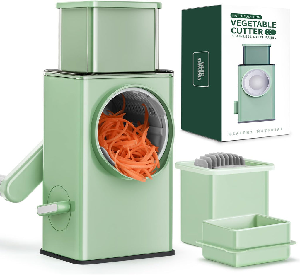 KEOUKE Rotary Cheese Grater 5 in 1 Green - Hand Crank Vegetable Cutter, Shredder, Slicer, Enlarge Input, Suction Base, Labor-Saving Handle, Blade Storage Box, for Onion, Potato, Vegetable, Nuts, etc