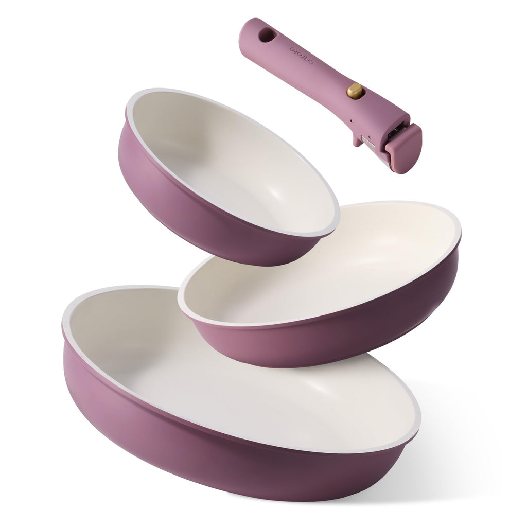 CAROTE Non Stick Frying Pans, 8"+10"+12” Frying Pan Egg Pan Omelet Pans with Detachable Handle, Stone Non Toxic Cookware, PFOA Free, Induction Compatible & Oven Safe, Dishwasher Safe, Purple