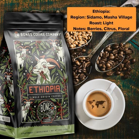 Bones Coffee Company Ethiopia Single-Origin, Citrus, Floral and Berries Notes, Whole Coffee Beans, Low Acid Medium Roast Arabica Beans Flavored Coffee, 12 oz Whole Bean