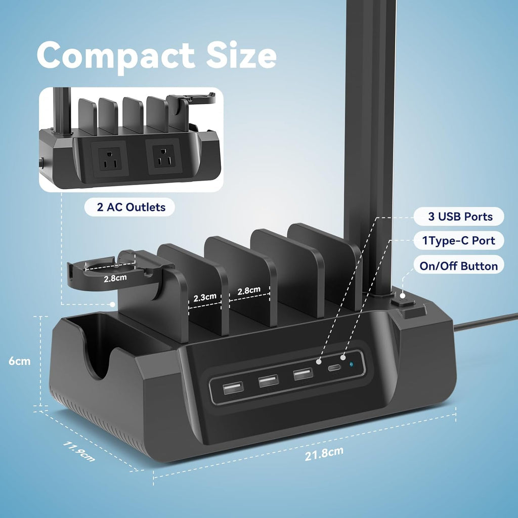 KDD Charging Station with 6 Charging Cables - Fast Charging 6 in 1 Cellphone Charging Dock with Headphone Stand and Watch Holder - 2 AC&USB A&USB C, Storage Station for Smartphone,Tablets, AppleWatch