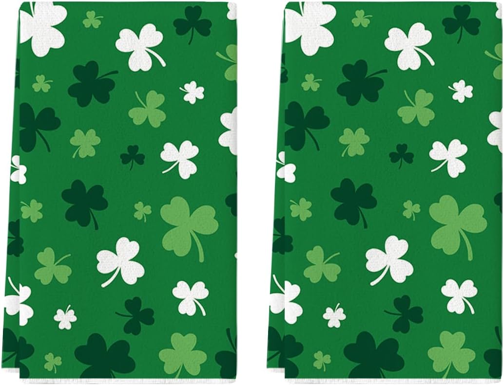 Artoid Mode Green Clover Shamrock St. Patrick's Day Kitchen Towels Dish Towels, 18x26 Inch Farmhouse Holiday Spring Decoration Hand Towels Set of 2