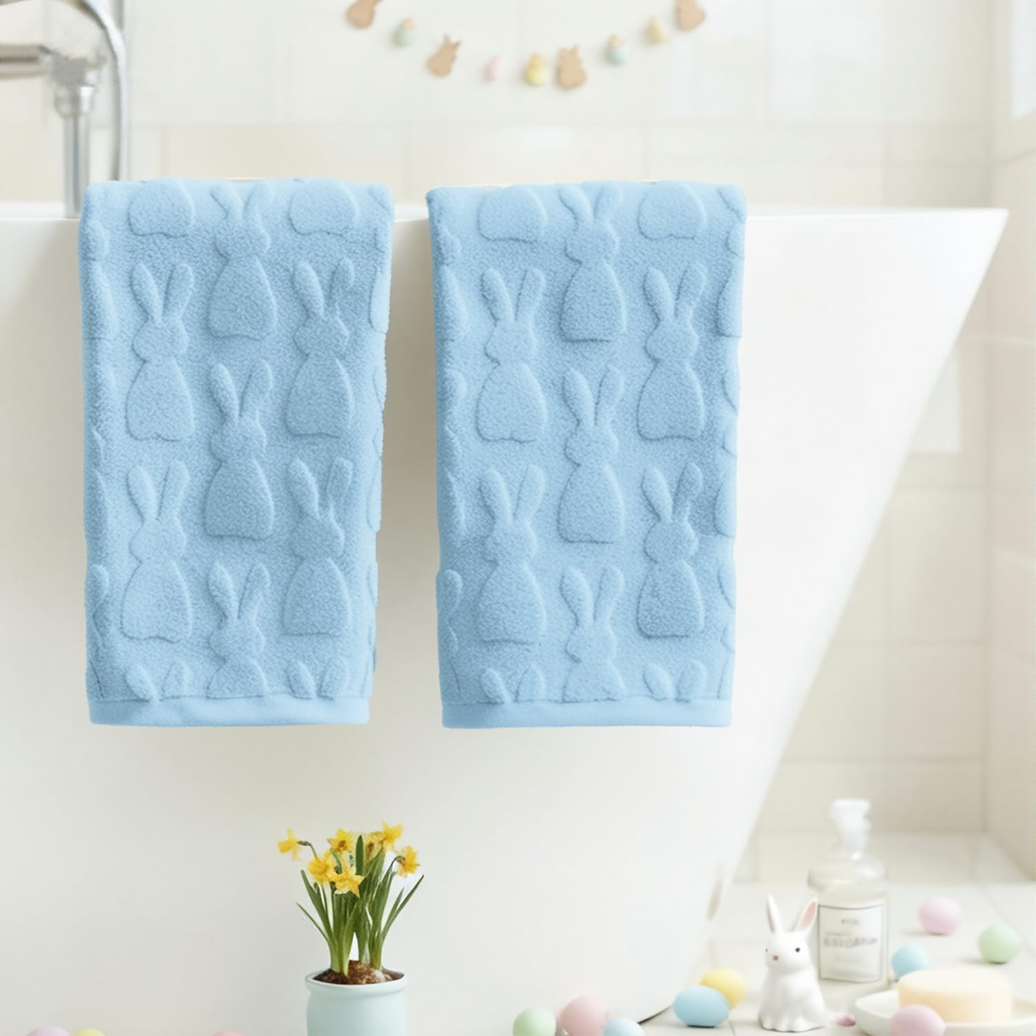 Artoid Mode 2 Pcs Beige 3D Rabbit Jacquard Easter Hand Towels for Bathroom, 100% Cotton Soft Absorbent Bathroom Decor Towels, 13.7 x 29.5 Inch