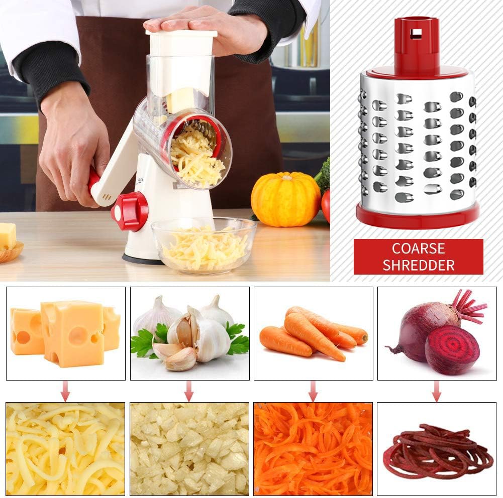 Cambom 5 in 1 Rotary Cheese Grater Hand Crank Cheese Shredder for Fresh Cheese, Vegetable, Nuts,Non-slip Suction Base, Black