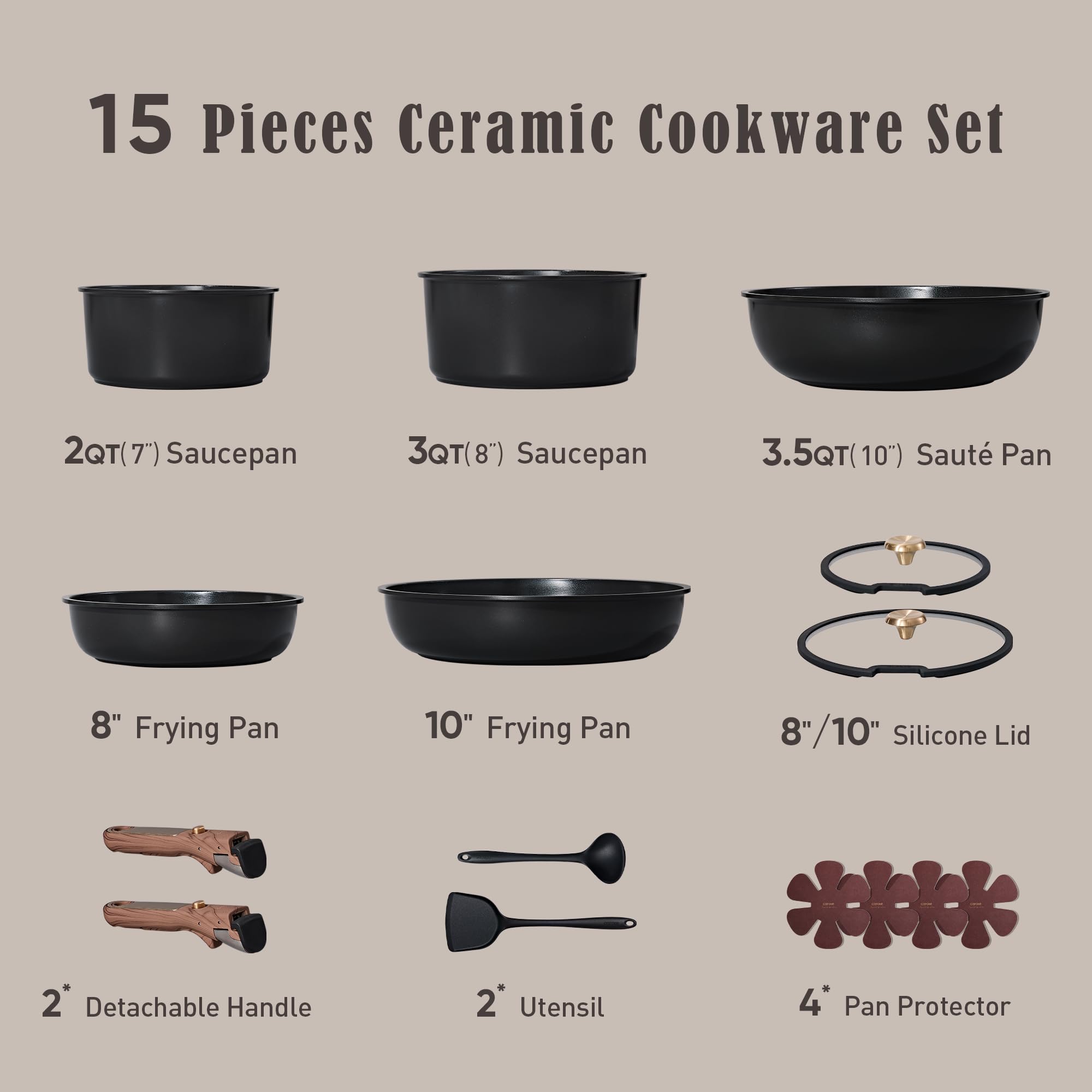 CAROTE Blue&Gold Ceramic Cookware Set Non Toxic, PFAS Free,15Pcs Pots and Pans Set Non Stick Detachable/Removable Handle,Kitchen Cooking Set Dishwasher Safe, Nonstick Pot and Pan, Induction Cookware