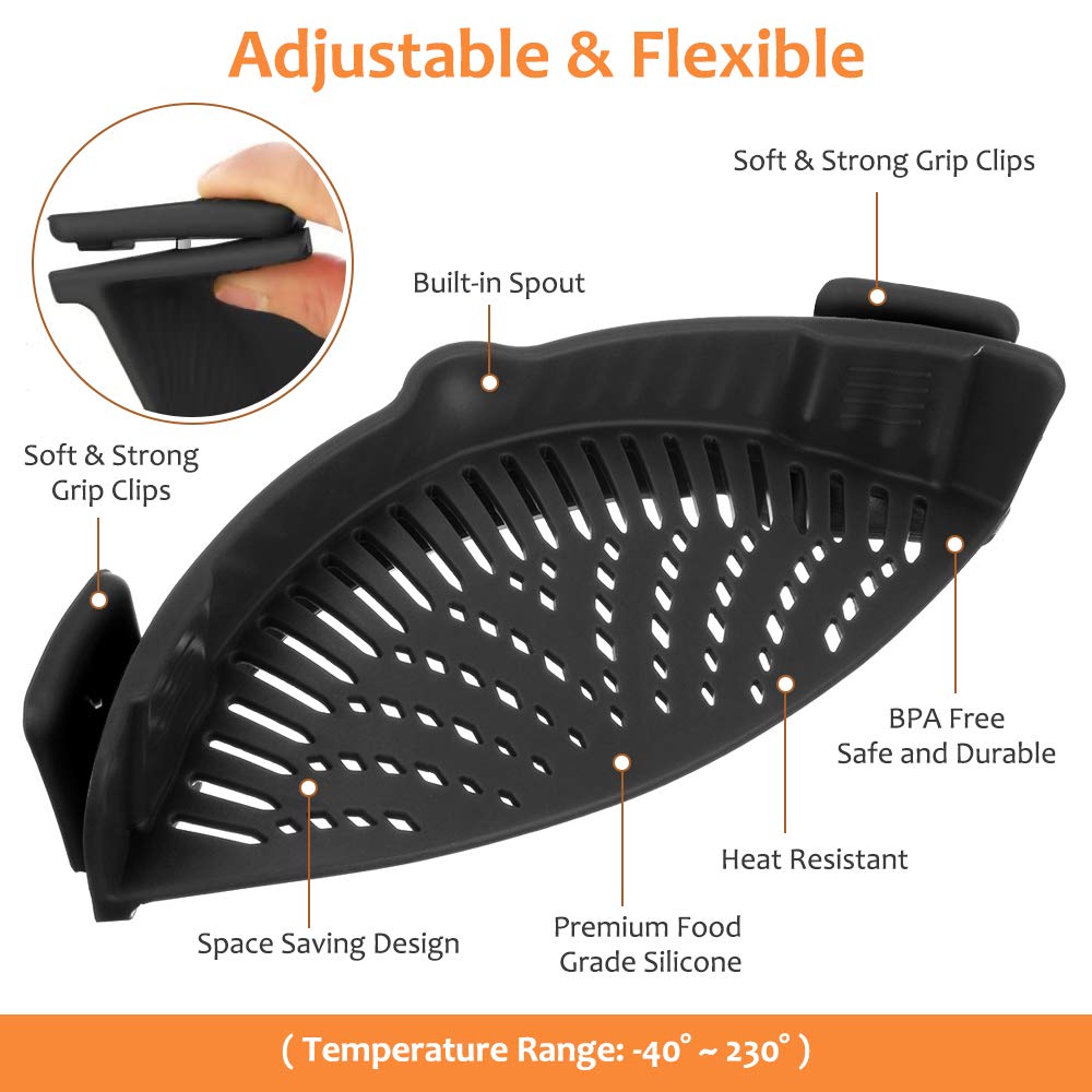 YEVIOR Clip on Strainer for Pots Pan Pasta,Silicone Food Pan Strainer | Food-grade BPA-free,Kitchen Food Strainer for Spaghetti, Pasta,Vegetable Fruits Fits All Bowls and Pots (Green)