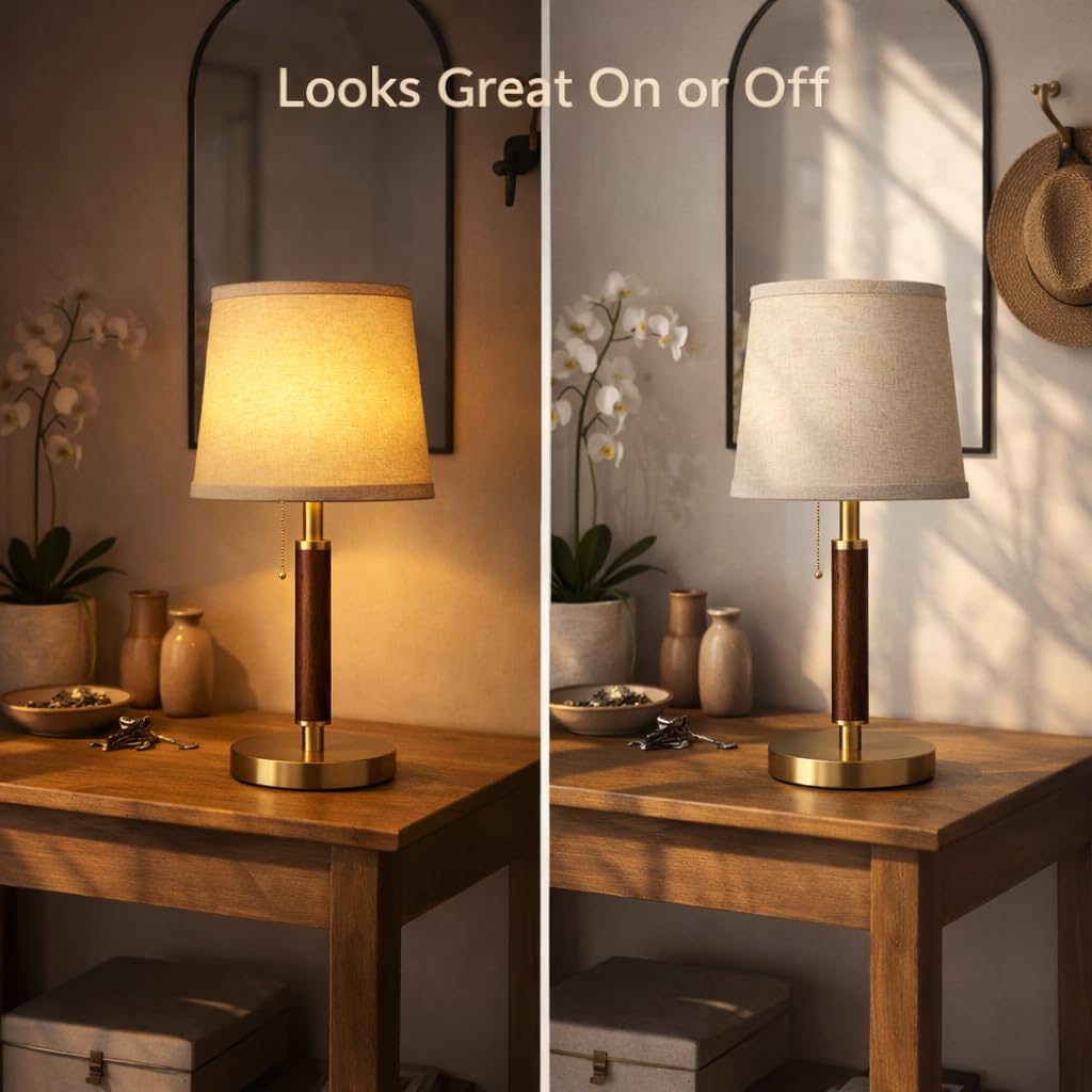 JOOFO LED Table Lamp with Pull Chain, Bedside Lamp with 3 Color Temperatures, Modern Wood Pole Table Lamp for Bedroom, Living Room, Office
