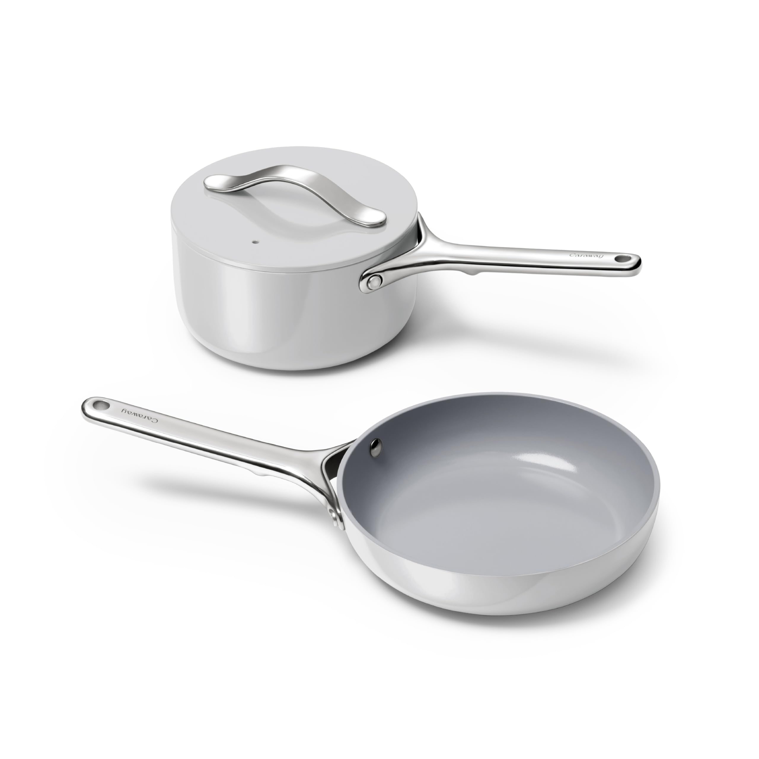 Caraway Mini Cookware Set - Non-Stick Ceramic Fry Pan (1.05 qt, 8") Sauce Pan (1.75 qt) & Storage Rack - Non Toxic, PTFE & PFOA Free - Oven Safe & Stovetop Agnostic (Gas, Electric & Induction) - Cream