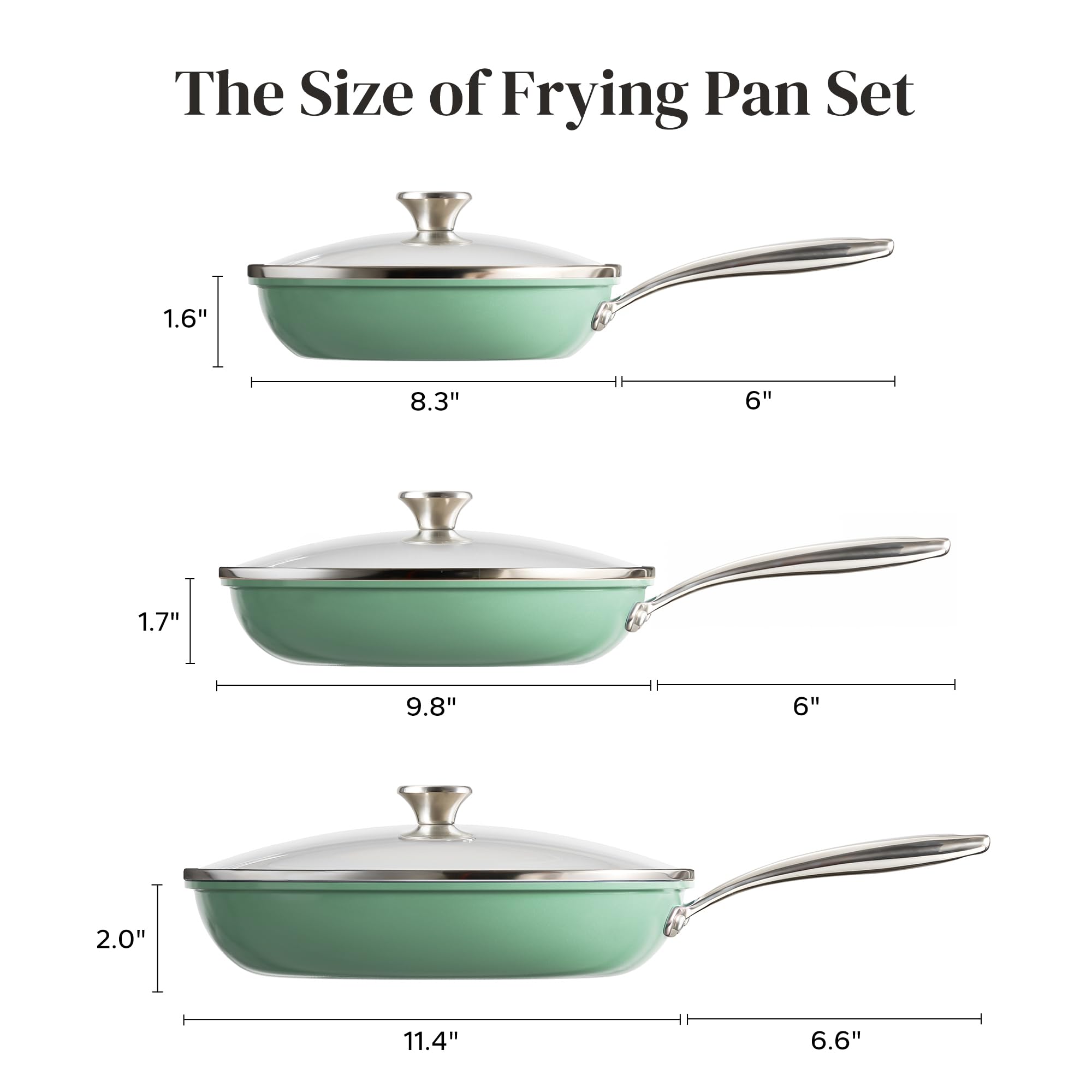 Redchef Nonstick Cookware Sets, Ceramic Frying Pan Set with Tempered Glass Lids, Non Stick Cooking Set, Dishwasher & Oven Safe, Induction Safe, Compatible with All Cooktops, Blue (8", 9.5", 11")