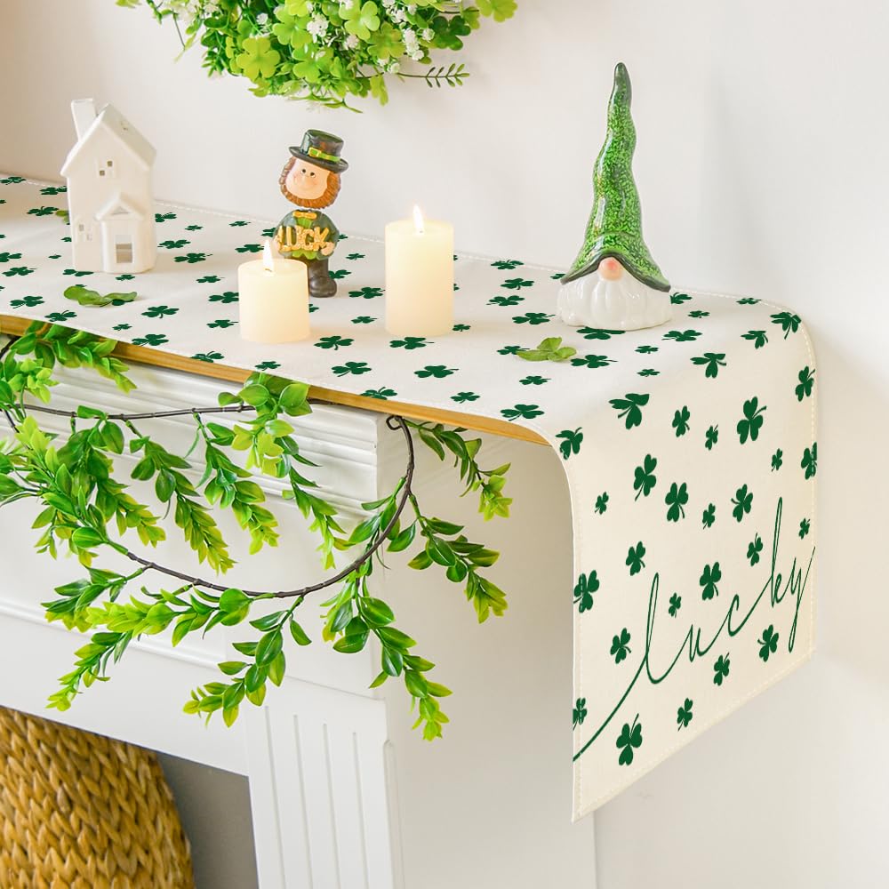 Artoid Mode Beige Lucky Shamrock St. Patrick's Day Table Runner, Seasonal Spring Holiday Kitchen Dining Table Decoration for Indoor Outdoor Home Party Decor 13 x 72 Inch