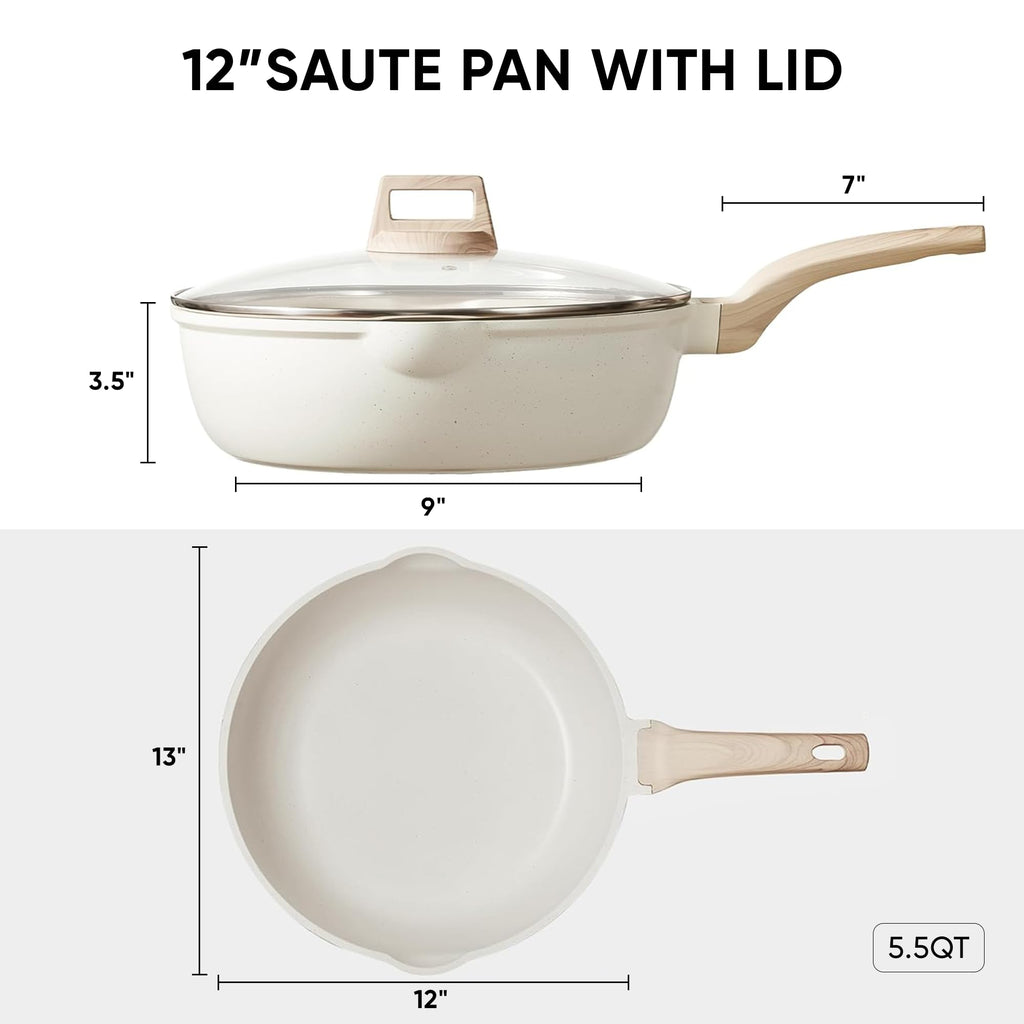 CAROTE 12Inch Nonstick Deep Frying Pan with Lid, 5.5 Qt Jumbo Cooker Saute Pan with Pour Spout, Skillet Induction Cookware, Non Stick Cooking Pan Kitchen Pan PFOA Free, White Granite
