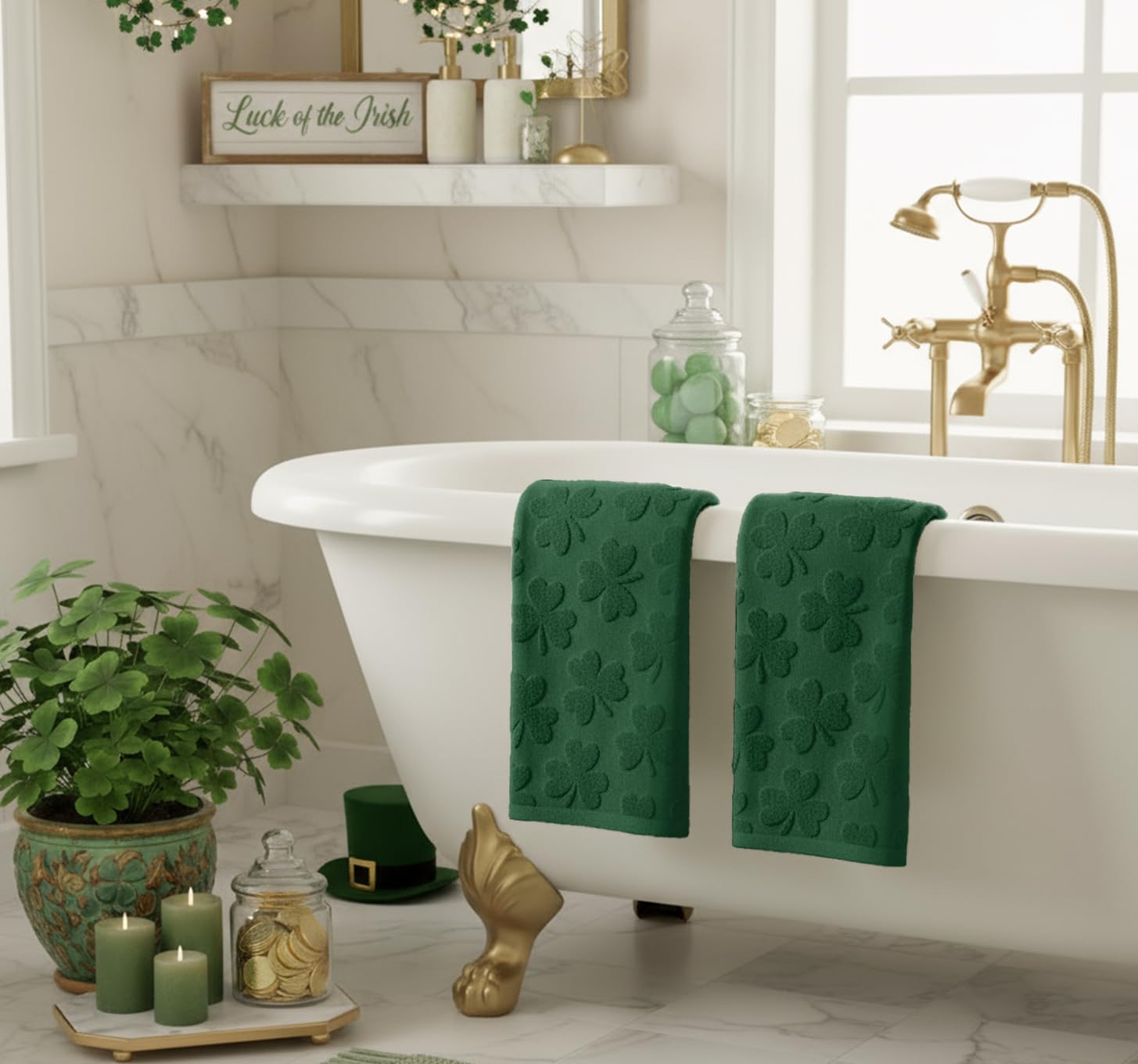 Artoid Mode 2 Pcs Dark Green 3D Shamrock Jacquard Patrick Hand Towels for Bathroom, 100% Cotton Soft Absorbent Bathroom Decor Towels, 13.7 x 29.5 Inch