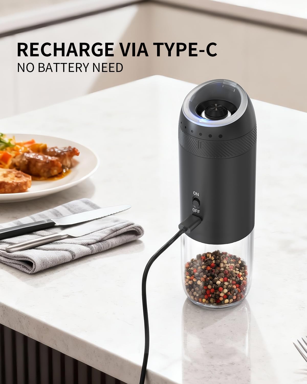 CIRCLE JOY Rechargeable Salt and Pepper Grinder Set Gravity Electric Salt and Pepper Grinder Set, LED Light, Adjustable Coarseness, for Home Kitchen BBQ, Black & White