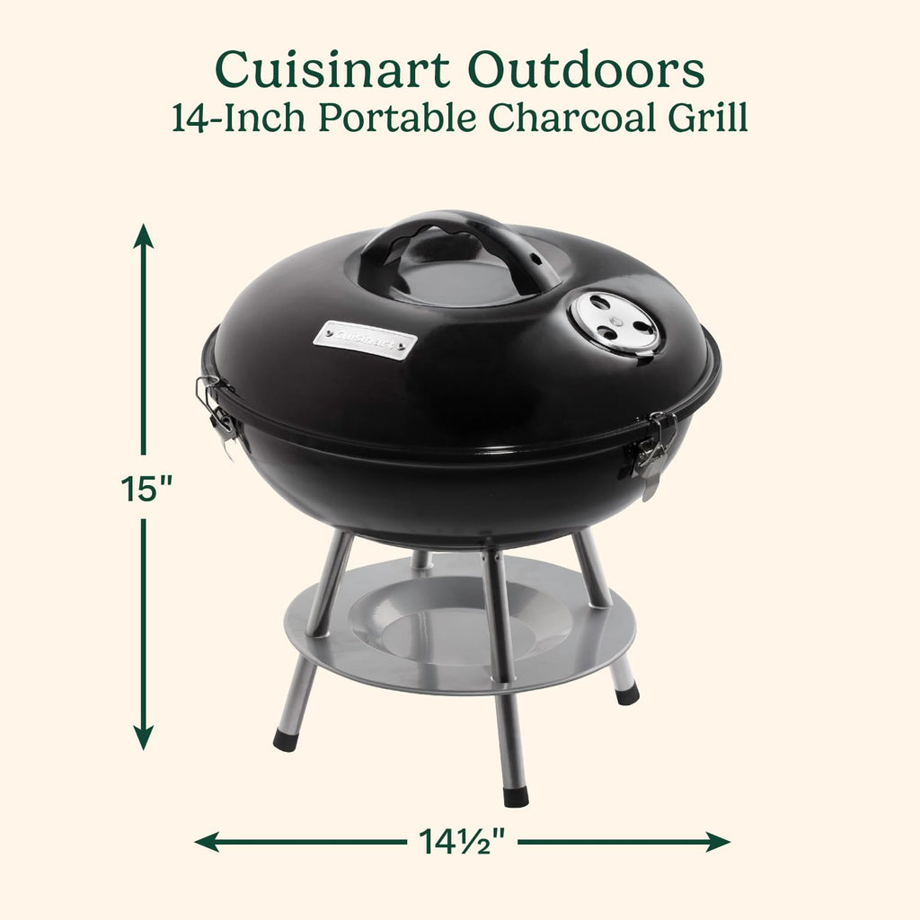 Cuisinart 14" Portable Charcoal Grill, Tabletop Outdoor Small Grill with Locking Lid and Dual Vents, Chrome Plated Travel Size BBQ Perfect for Camping, Tailgates, Cookouts, Red