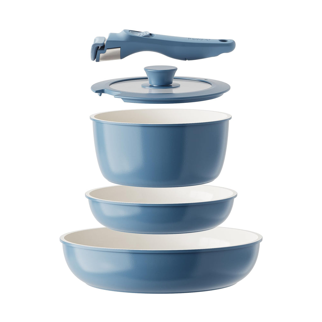 Redchef Ceramic Pots and Pans Set Non Stick, Nonstick Kitchen Cookware Sets, Non Toxic Pots and Pans Set Non Stick, PFAS PFOA & PTFE Free, Detachable Handle Pots and Pans 5 Piece, RV Cookware