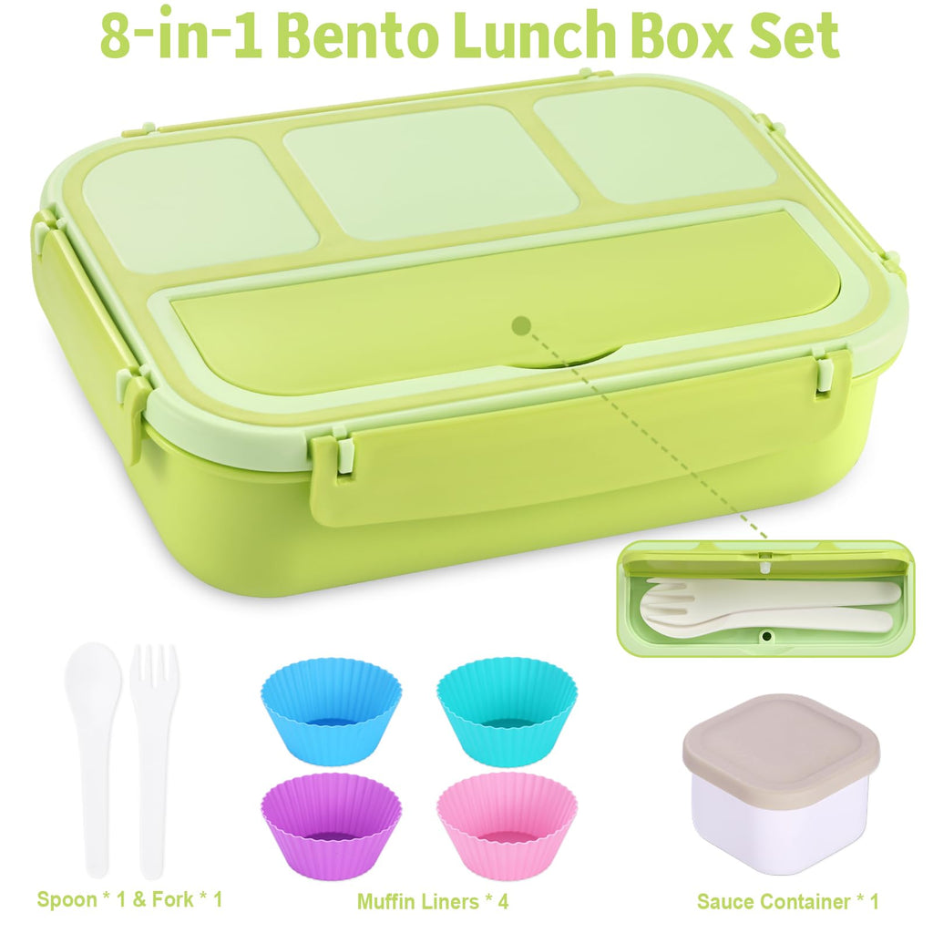 Bento Box Adult Lunch Box, Containers for Adults Men Women with 4 Compartments, Lunchable Food Container with Utensils, Sauce Jar, Muffin Liners, 40 Oz/5 Cup, Microwave & Dishwasher Safe, Brown