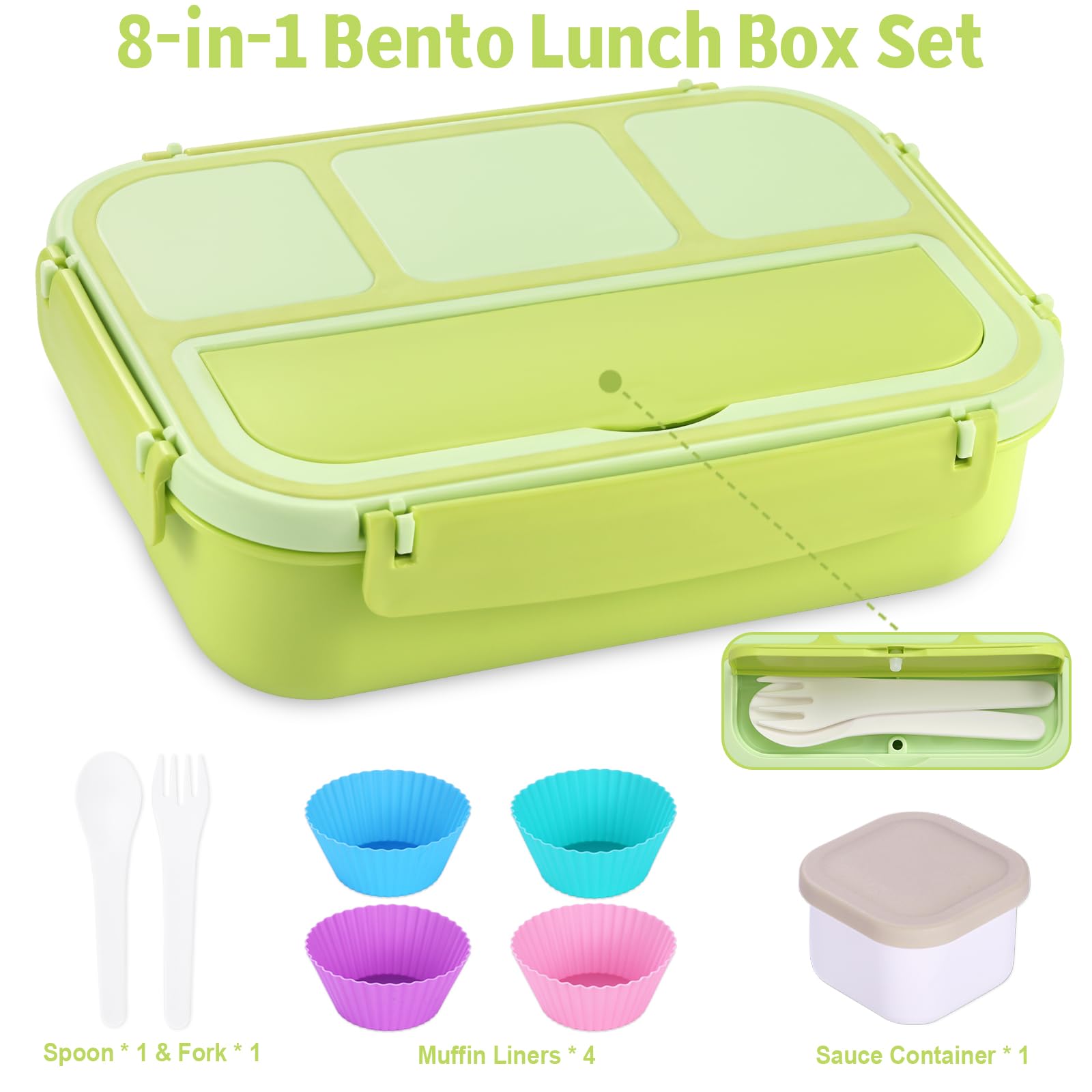 Bento Box Adult Lunch Box, Containers for Adults Men Women with 4 Compartments, Lunchable Food Container with Utensils, Sauce Jar, Muffin Liners, 40 Oz/5 Cup, Microwave & Dishwasher Safe, Brown