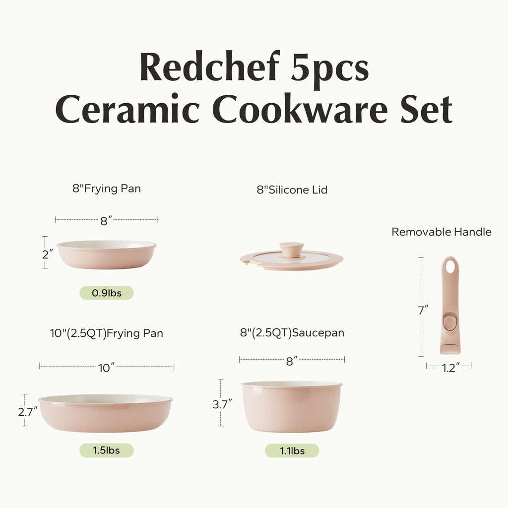 Redchef Ceramic Pots and Pans Set Non Stick, Nonstick Kitchen Cookware Sets, Non Toxic Pots and Pans Set Non Stick, PFAS PFOA & PTFE Free, Detachable Handle Pots and Pans 5 Piece, RV Cookware