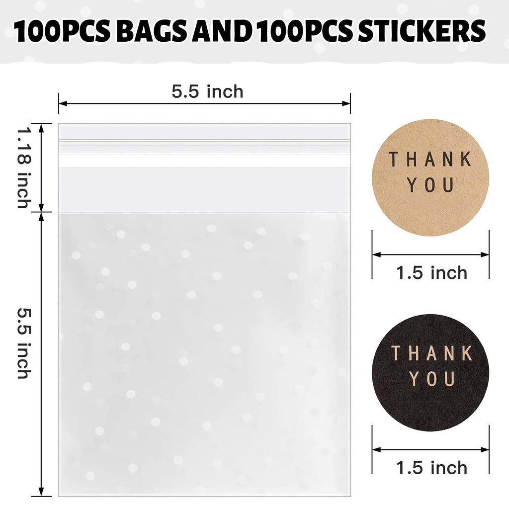 100PACK Self Sealing Cellophane Bags Clear Cookie Treat Bags Thank You for Gift Giving Candy with Stickers(White Polka Dot, 4x4 INCH)