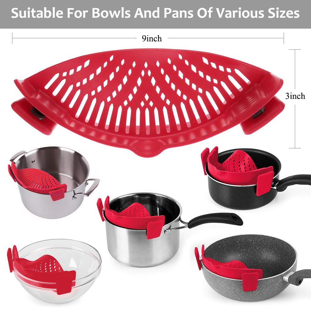 YEVIOR Clip on Strainer for Pots Pan Pasta,Silicone Food Pan Strainer | Food-grade BPA-free,Kitchen Food Strainer for Spaghetti, Pasta,Vegetable Fruits Fits All Bowls and Pots (Green)