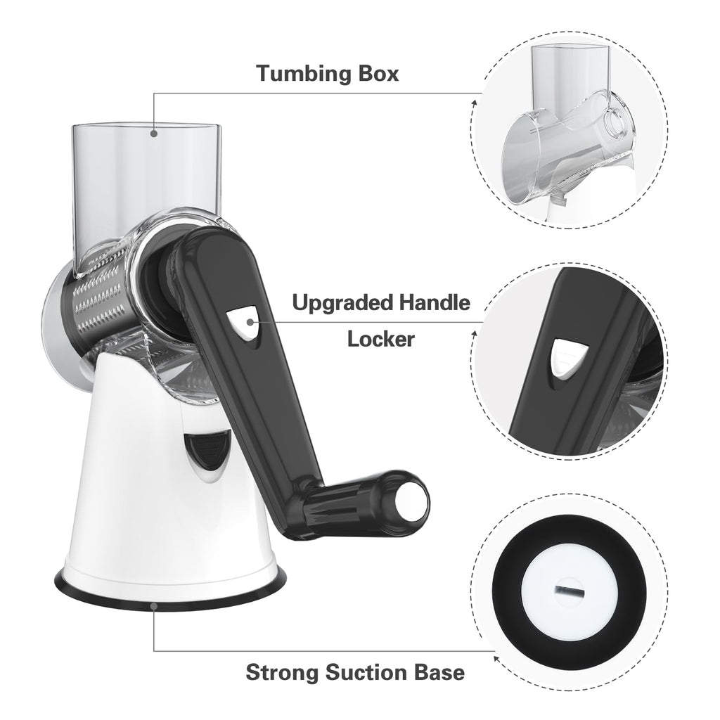 Cambom 5 in 1 Rotary Cheese Grater Hand Crank Cheese Shredder for Fresh Cheese, Vegetable, Nuts,Non-slip Suction Base, Black