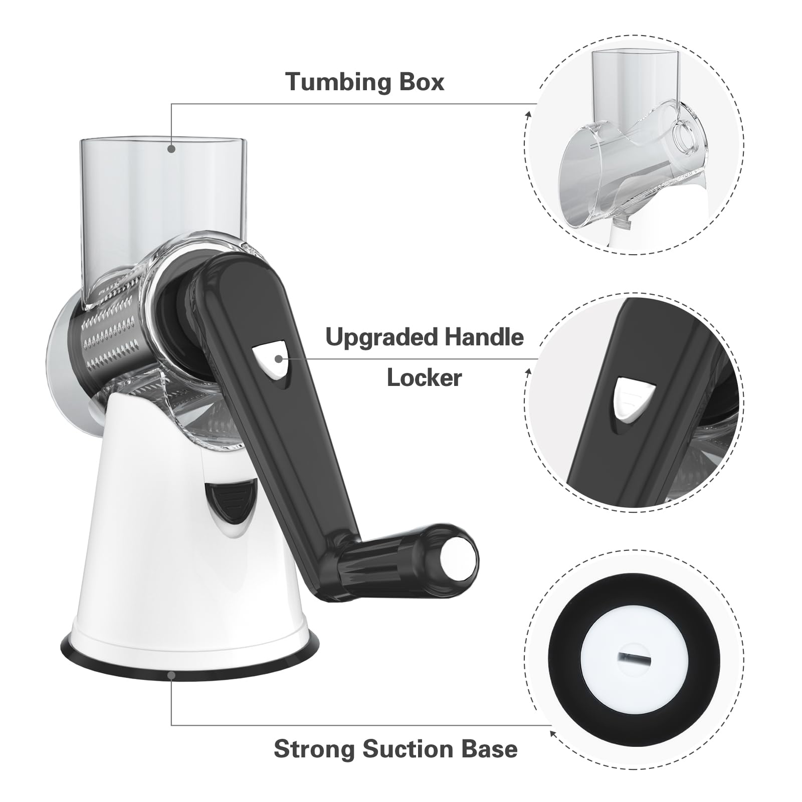 Cambom 5 in 1 Rotary Cheese Grater Hand Crank Cheese Shredder for Fresh Cheese, Vegetable, Nuts,Non-slip Suction Base, Black