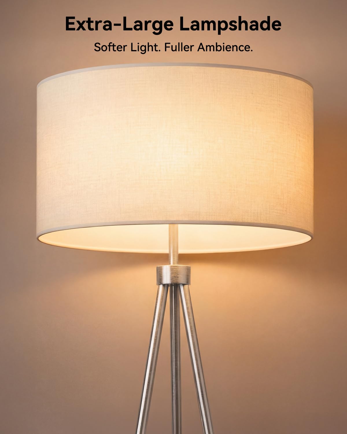 JOOFO Tripod Floor Lamp with Fabric Shade, Crystal-Style Acrylic & Metal Pole Design, Stepless Dimmable Standing Floor Lamp with Remote Control, Mid-Century Style for Living Room Bedroom,Satin Nickel