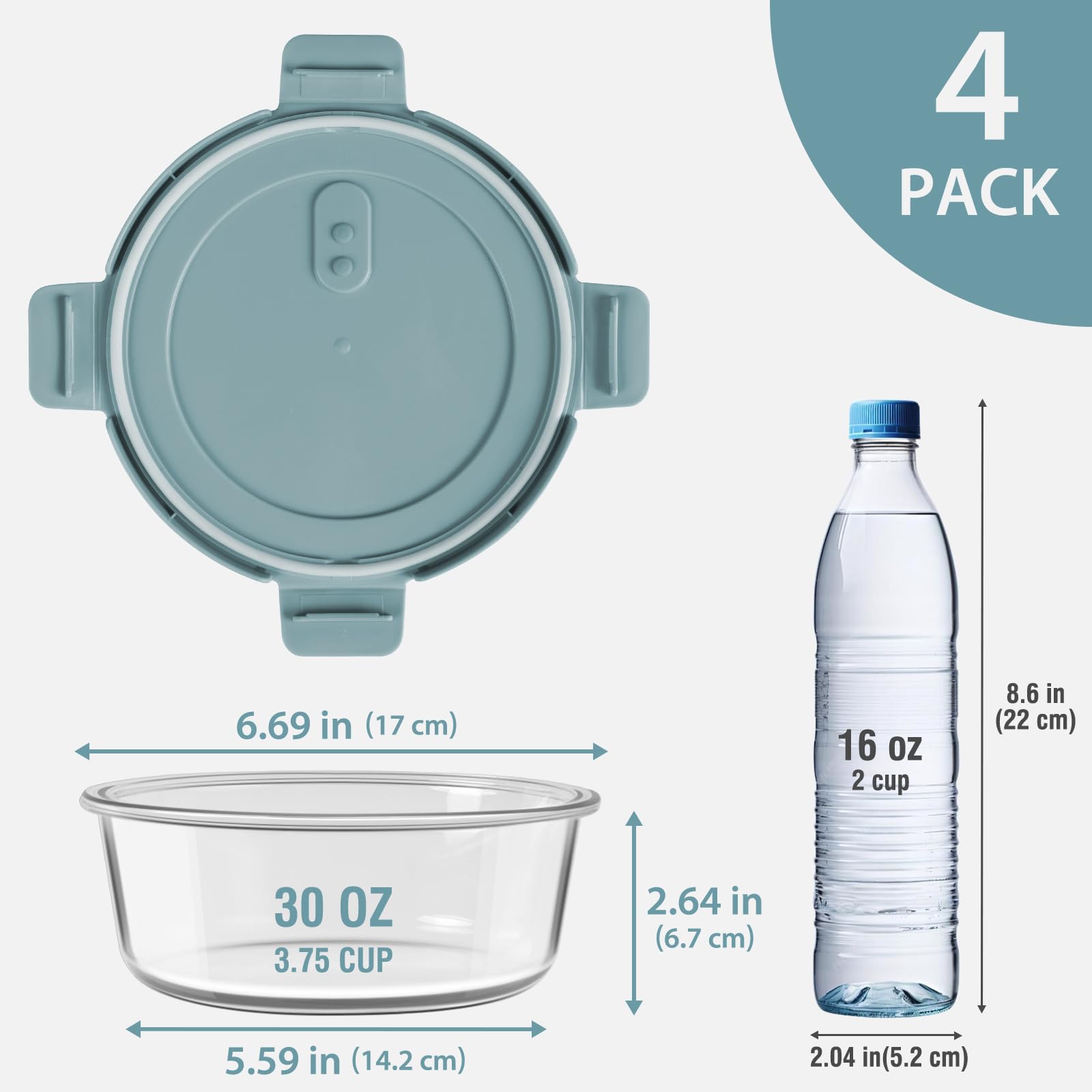 16oz Glass Meal Prep Containers, Airtight 2 Cup Glass Storage Containers with Lids, Heat-Resistant BPA-Free Borosilicate Glass Soup Container for Leftover, Microwave, Dishwasher&Freezer Safe (4 Packs)